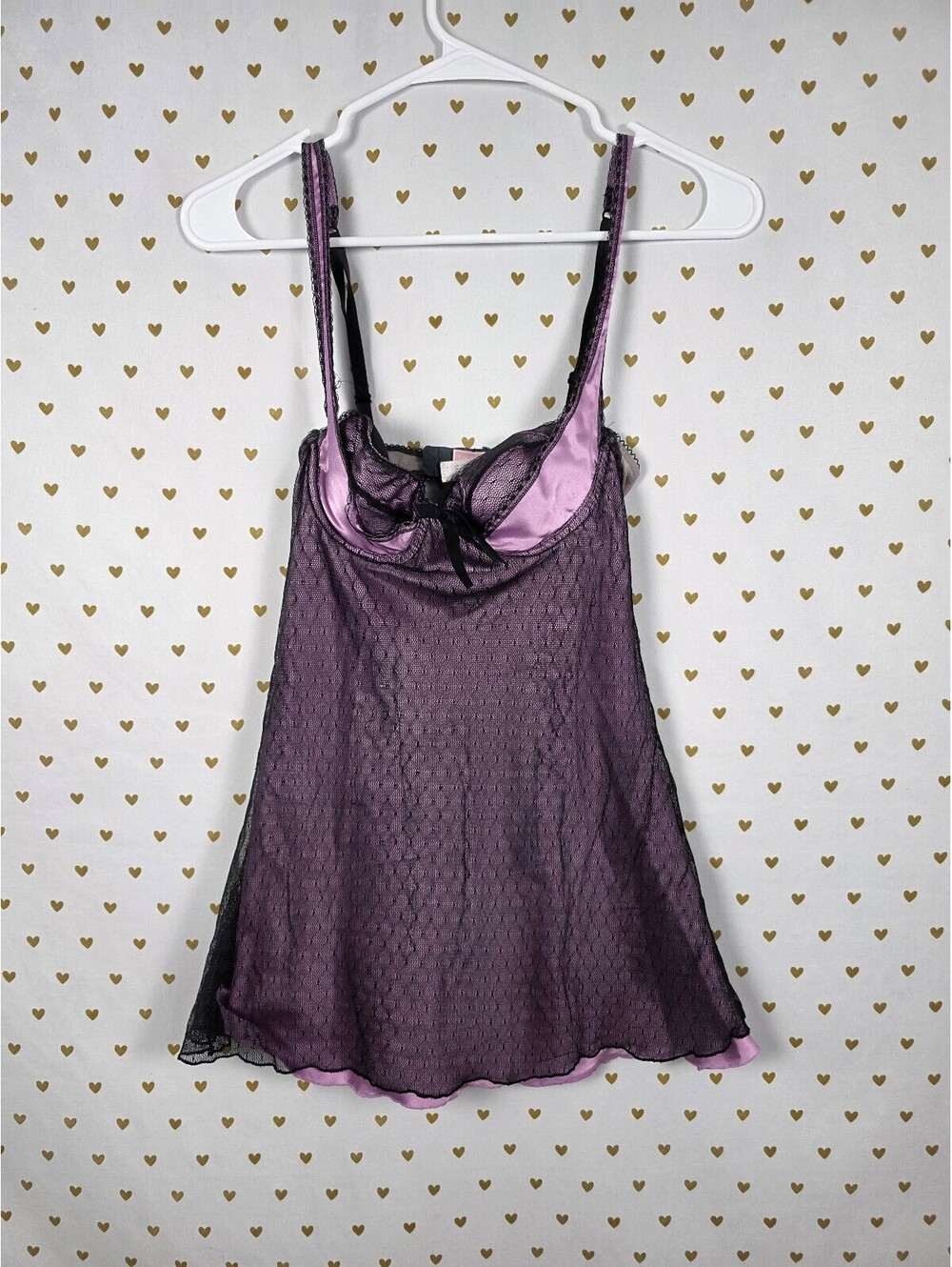 Victoria's Secret 34B Purple Black Lace Mesh Babydoll Chemise Lingerie Y2K